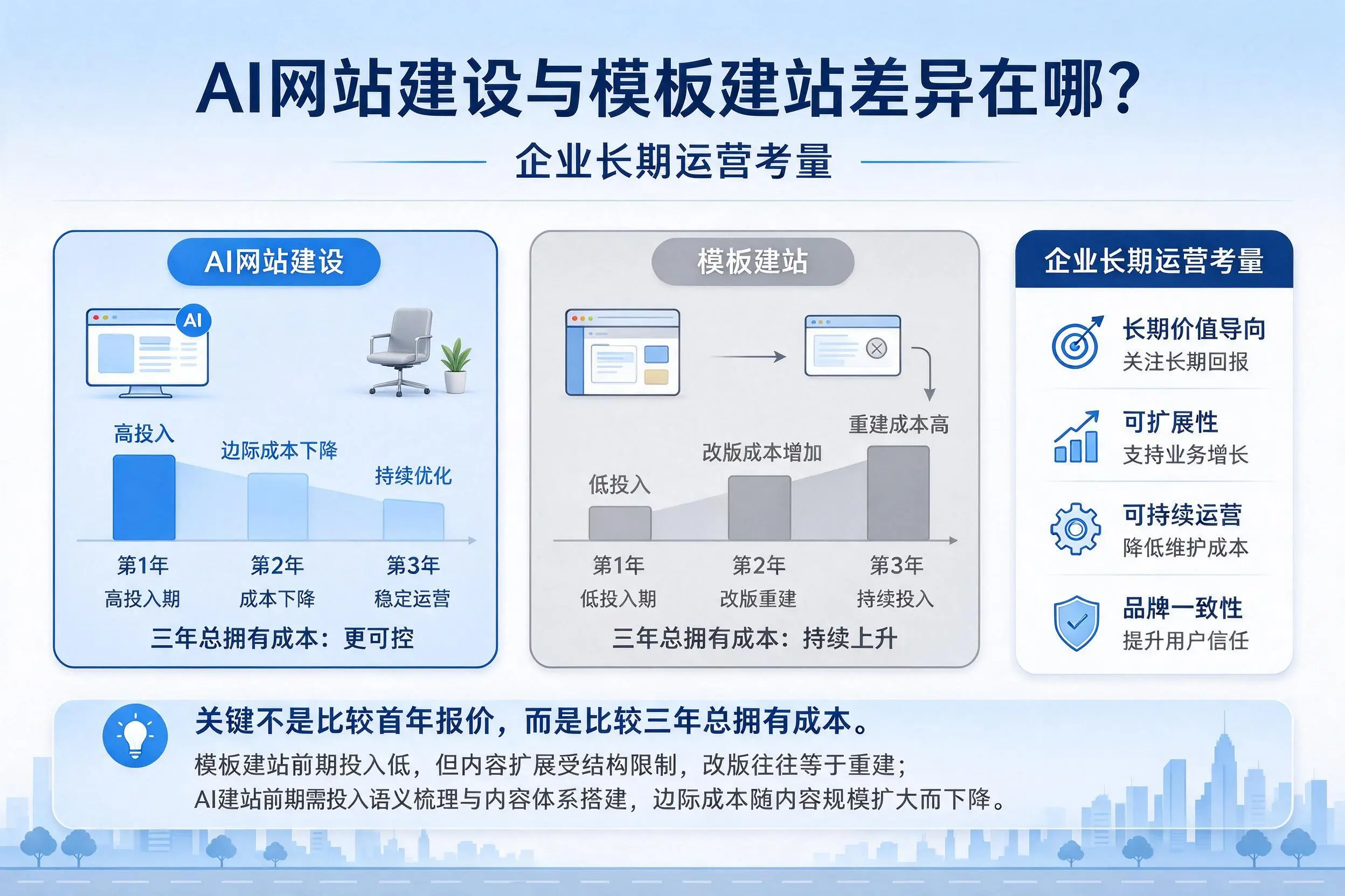 AI网站建设与模板建站差异在哪?大庆企业长期运营考量